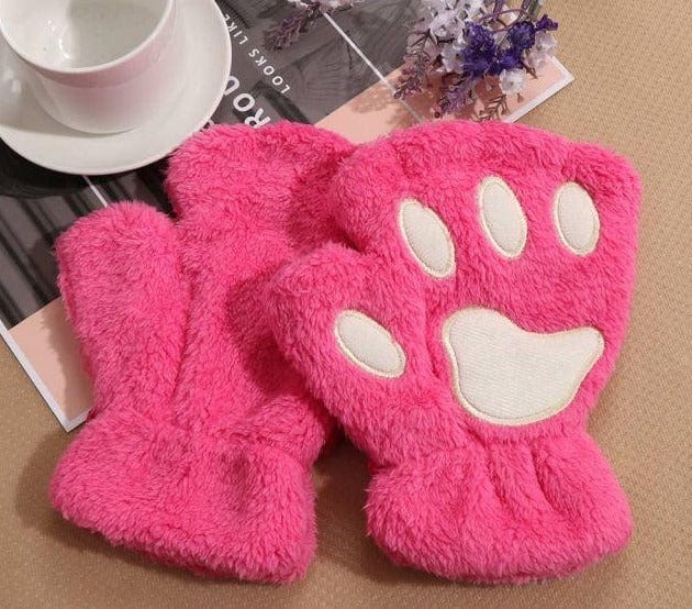 1Pair Girls Fluffy Paw Gloves