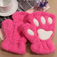1Pair Girls Fluffy Paw Gloves