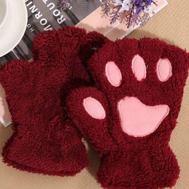 1Pair Girls Fluffy Paw Gloves