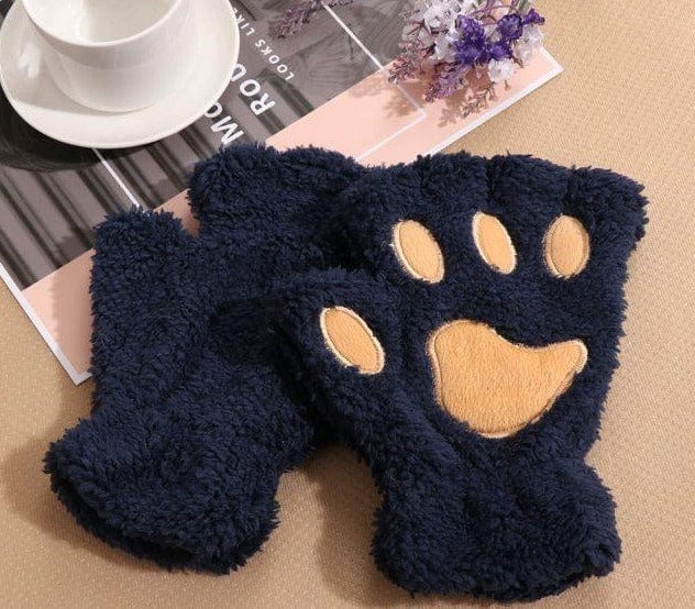 1Pair Girls Fluffy Paw Gloves