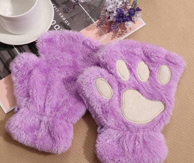 1Pair Girls Fluffy Paw Gloves