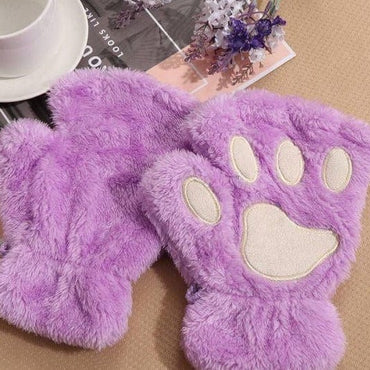 1Pair Girls Fluffy Paw Gloves