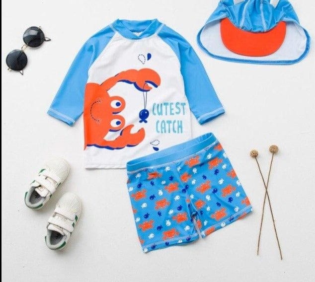 Baby Boys Frog Print Two Pieces + Cap Swimsuit - east2cart.uk