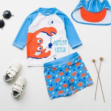 Baby Boys Frog Print Two Pieces + Cap Swimsuit - east2cart.uk