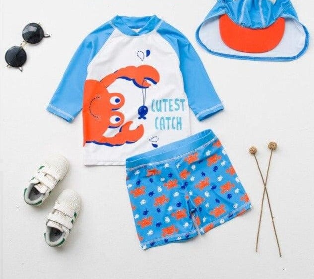 Baby Boys Frog Print Two Pieces + Cap Swimsuit - east2cart.uk