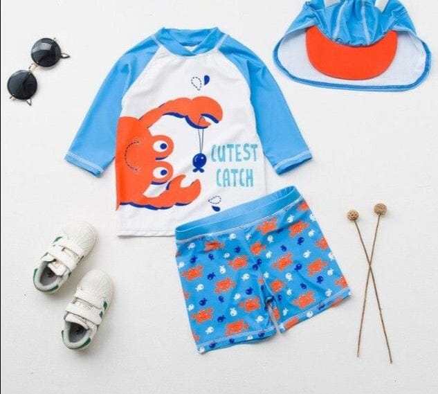 Baby Boys Frog Print Two Pieces + Cap Swimsuit - east2cart.uk