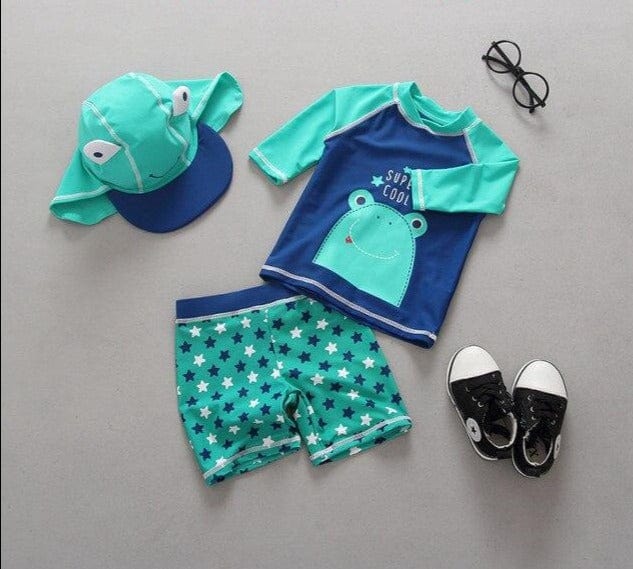 Baby Boys Frog Print Two Pieces + Cap Swimsuit - east2cart.uk