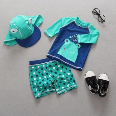 Baby Boys Frog Print Two Pieces + Cap Swimsuit - east2cart.uk