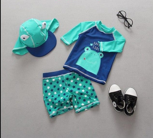 Baby Boys Frog Print Two Pieces + Cap Swimsuit - east2cart.uk