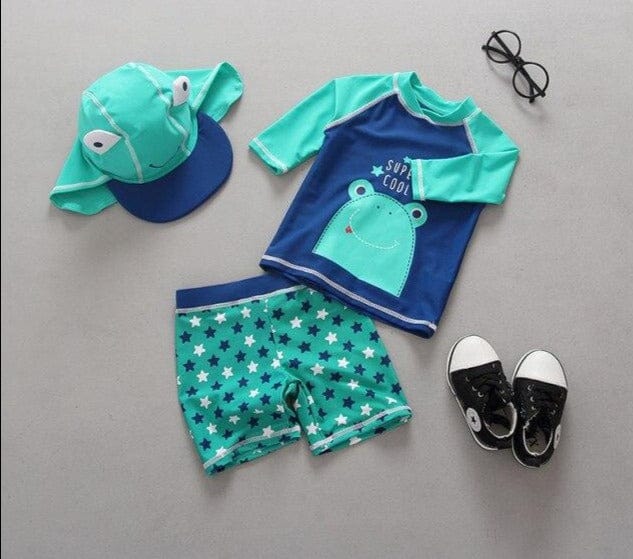 Baby Boys Frog Print Two Pieces + Cap Swimsuit - east2cart.uk