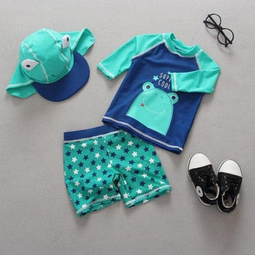 Baby Boys Frog Print Two Pieces + Cap Swimsuit - east2cart.uk