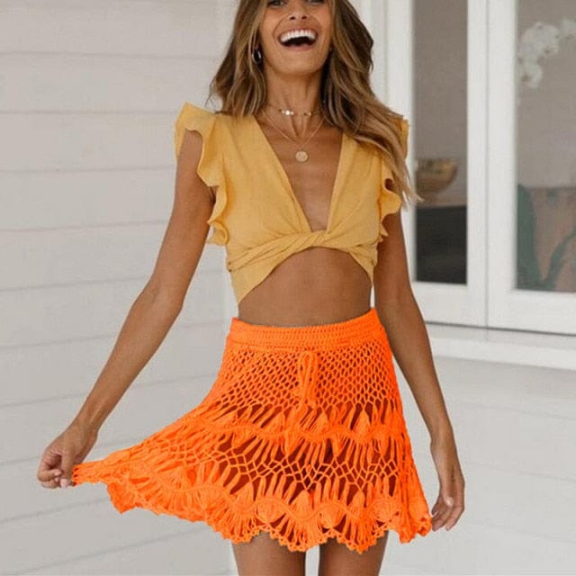 Women Beach Sarong Crochet Tankini Fishnet Skirt Net Hollow Out Swimwear Cover Ups Summer Sexy Mini Skirt Beach Bikini Cover Up - east2cart.uk