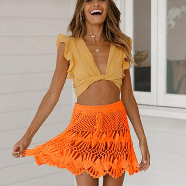 Women Beach Sarong Crochet Tankini Fishnet Skirt Net Hollow Out Swimwear Cover Ups Summer Sexy Mini Skirt Beach Bikini Cover Up - east2cart.uk