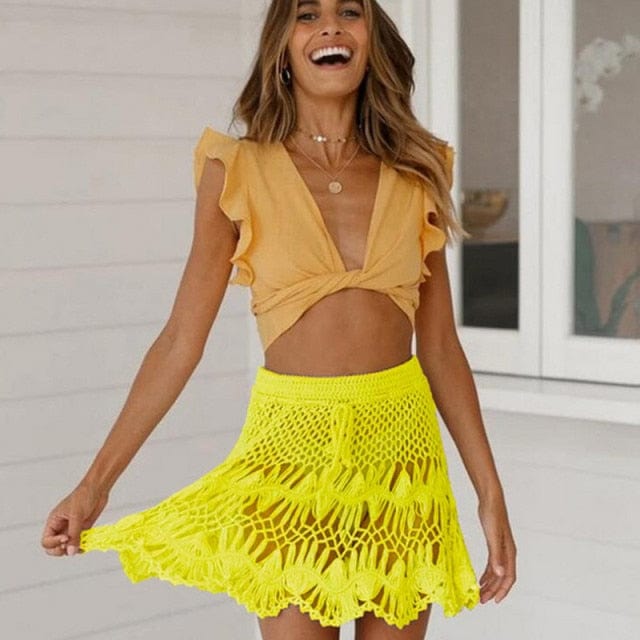 Women Beach Sarong Crochet Tankini Fishnet Skirt Net Hollow Out Swimwear Cover Ups Summer Sexy Mini Skirt Beach Bikini Cover Up - east2cart.uk