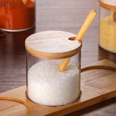 Condiment Glass Jars With Bamboo Lid and Wooden Spoon - east2cart.uk