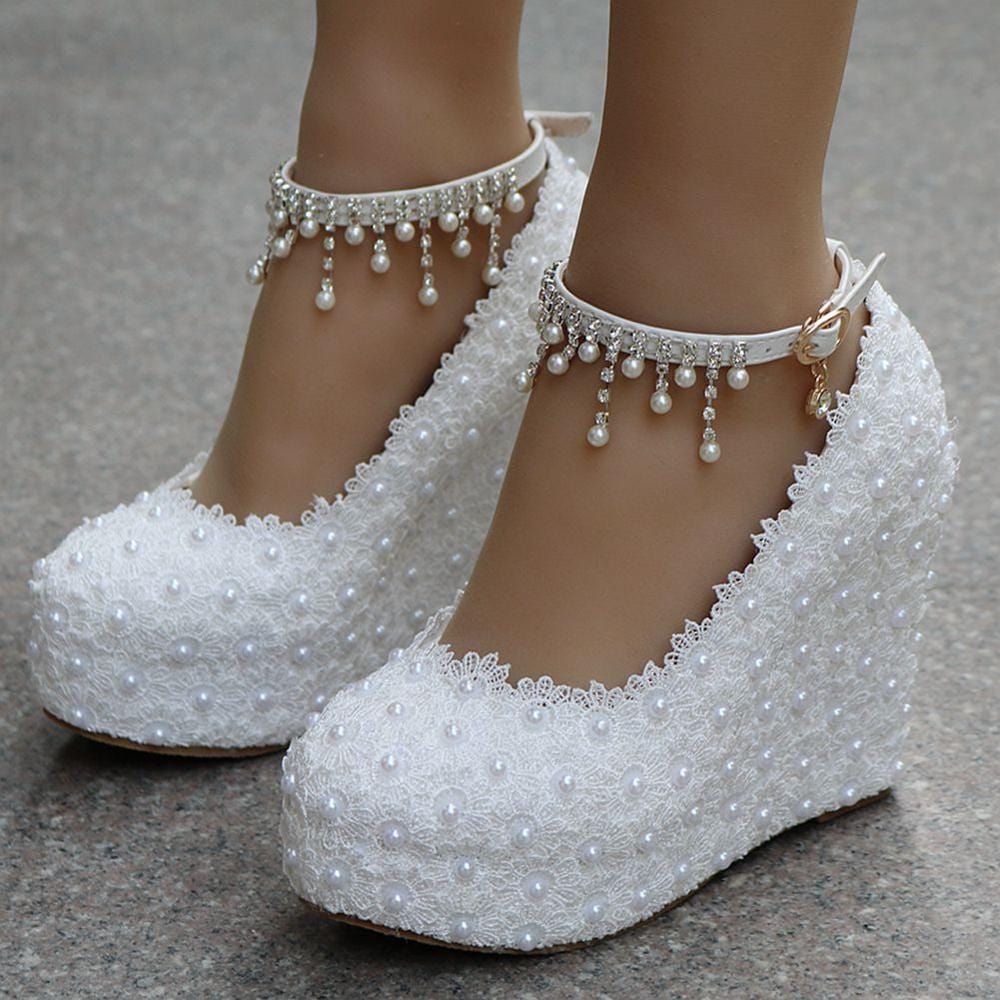 Crystal Queen Brides White Lace Pearl High Heels - east2cart.uk