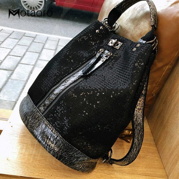 New Fashion Sequins Leather Laptop Backpack Women Female Personality Lock Anti Theft Bagpack Travel Mochila Feminina  Back Pack - east2cart.uk