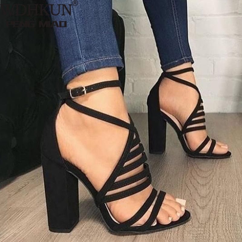 Cross Strap Bandage Lady Flock Heels