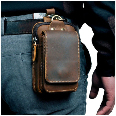 Real Leather men Casual Design Small Waist Bag Cowhide Fashion Hook Bum Bag Waist Belt Pack Cigarette Case 5.5" Phone Pouch 1609 - east2cart.uk