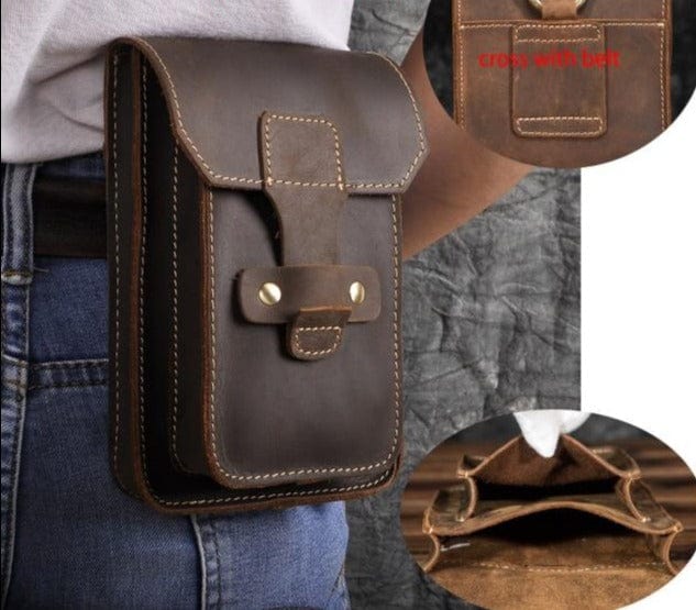 Real Leather men Casual Design Small Waist Bag Cowhide Fashion Hook Bum Bag Waist Belt Pack Cigarette Case 5.5" Phone Pouch 1609 - east2cart.uk