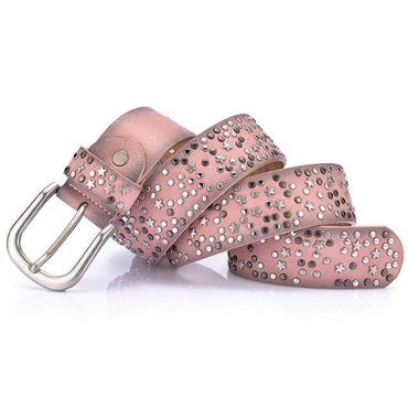 New Fashion women's Rivet belts Punk rock style belt For lady PU + Genuine leather Sequins Metal buckle Wide Metal rivet bead - east2cart.uk