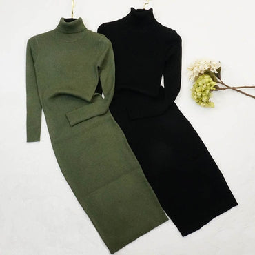 Autumn Winter Mid Calf Knitted Sweater Dresses
