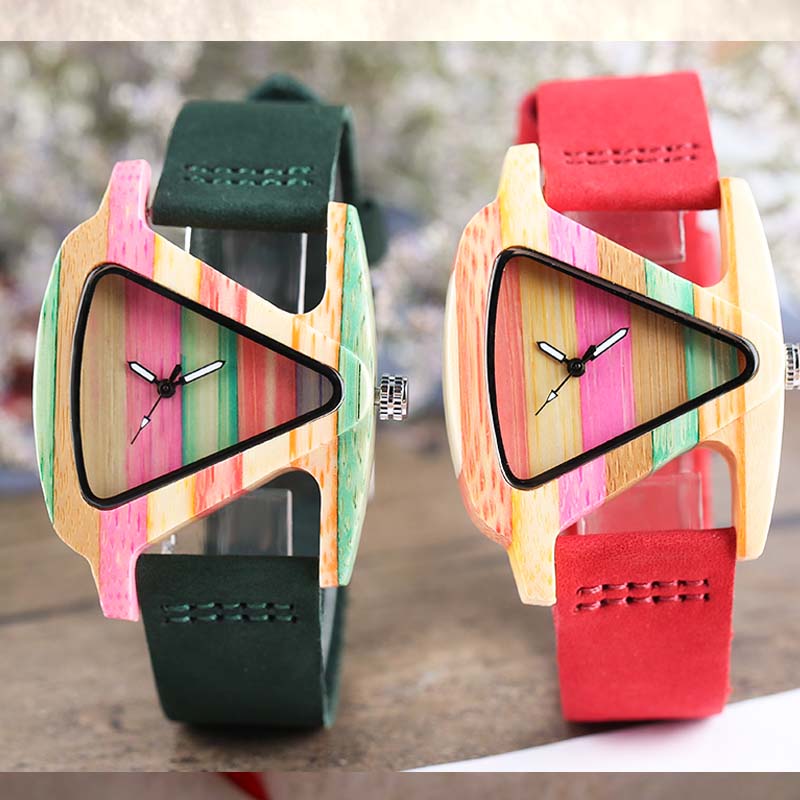 Unique Colorful Wood Watch Creative Triangle Shape Dial Hour Clock Women Quartz Leather Bracelet Watch Women's Wrist Reloj Mujer - east2cart.uk