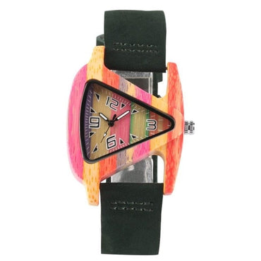 Unique Colorful Wood Watch Creative Triangle Shape Dial Hour Clock Women Quartz Leather Bracelet Watch Women's Wrist Reloj Mujer - east2cart.uk