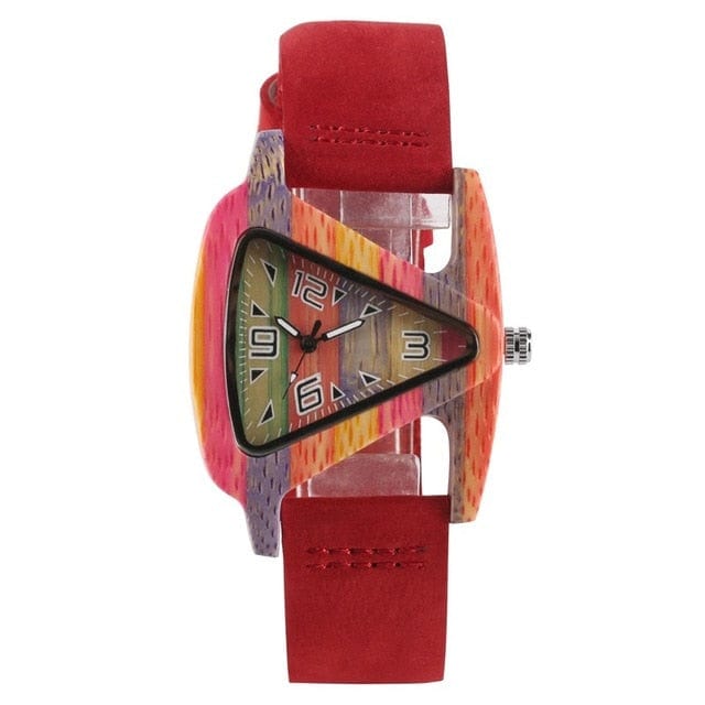 Unique Colorful Wood Watch Creative Triangle Shape Dial Hour Clock Women Quartz Leather Bracelet Watch Women's Wrist Reloj Mujer - east2cart.uk