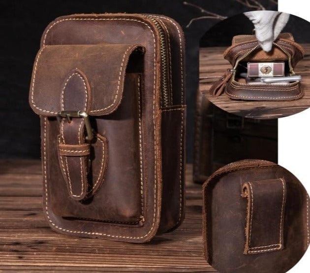 Real Leather men Casual Design Small Waist Bag Cowhide Fashion Hook Bum Bag Waist Belt Pack Cigarette Case 5.5" Phone Pouch 1609 - east2cart.uk