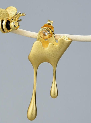 Lotus Fun Real 925 Sterling Silver Handmade Fine Jewelry 18K Gold Bee and Dripping Honey Asymmetric Stud Earrings for Women Gift - east2cart.uk