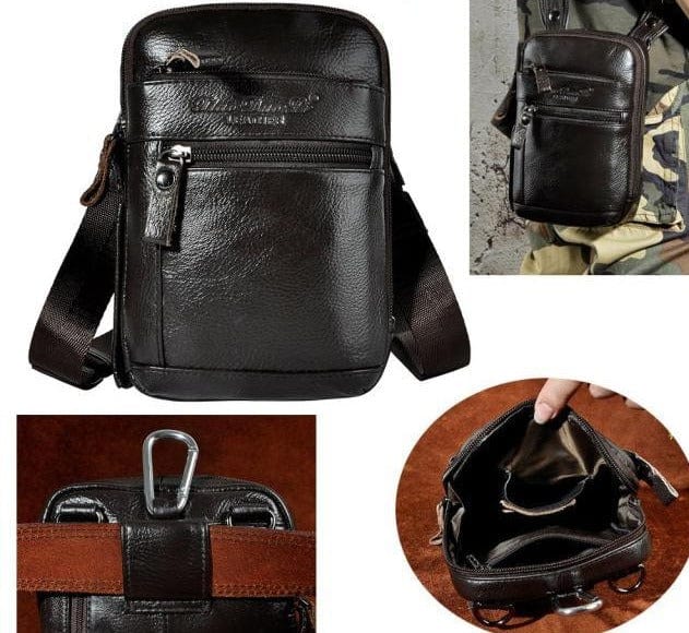 Real Leather men Casual Design Small Waist Bag Cowhide Fashion Hook Bum Bag Waist Belt Pack Cigarette Case 5.5" Phone Pouch 1609 - east2cart.uk