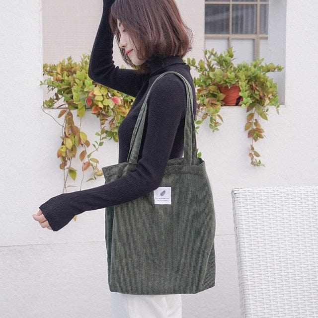 Women Corduroy Shopping Bag Female Canvas Cloth Shoulder Bag Environmental Storage Handbag Reusable Foldable Eco Grocery Totes - east2cart.uk