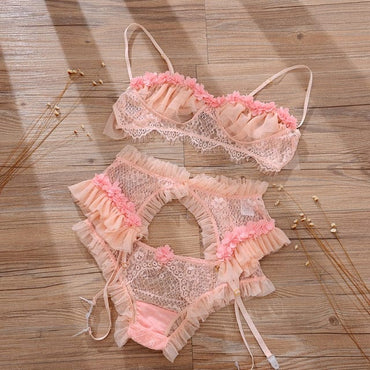 Sexy Bra and Thongs Pajamas Lingerie Set with Garter Women Lace Ruffles Transparent Temptation Applique Intimates Underwear - east2cart.uk
