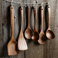 Thailand Teak Natural Wood Tableware Spoon Ladle Turner Long Rice Colander Soup Skimmer Cooking Spoons Scoop Kitchen Tool Set - east2cart.uk
