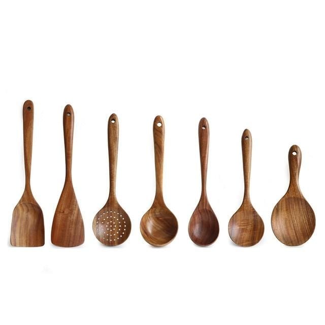 Thailand Teak Natural Wood Tableware Spoon Ladle Turner Long Rice Colander Soup Skimmer Cooking Spoons Scoop Kitchen Tool Set - east2cart.uk