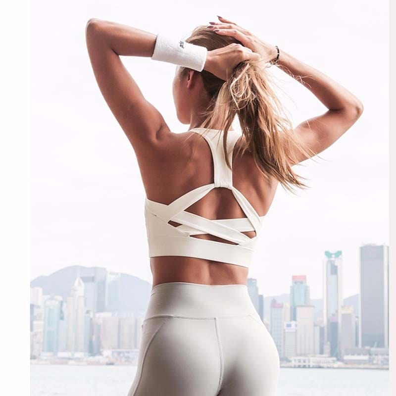 Women White Strap Push Up Sports Bra for Women Gym Running yoga top Bra Athletic Vest Hollow out Sportswear Underwear - east2cart.uk