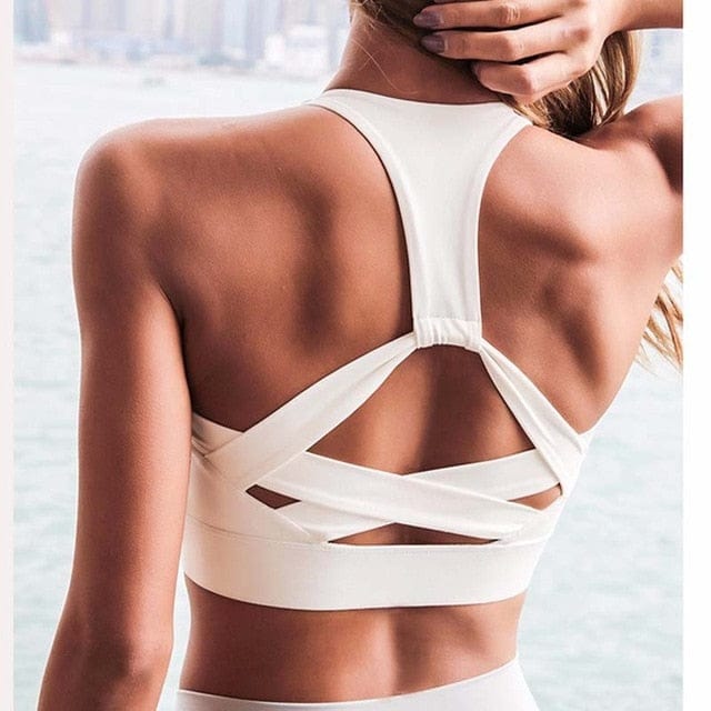 Women White Strap Push Up Sports Bra for Women Gym Running yoga top Bra Athletic Vest Hollow out Sportswear Underwear - east2cart.uk