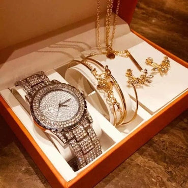 Luxury Watches Set Women Diamond Rhinestone Quartz Watch Creative Leaves Necklace Bracelets Earrings Watch Gifts sets For Women - east2cart.uk