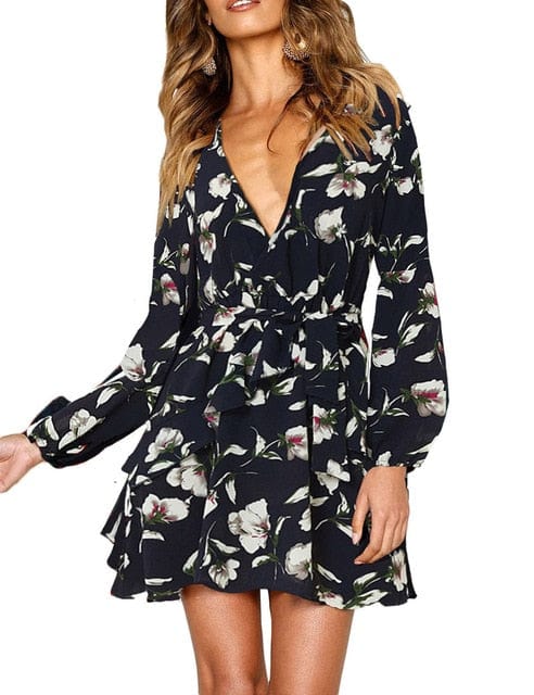 Ladies Sexy Deep V Neck Floral Printed Mini Party Dress - east2cart.uk