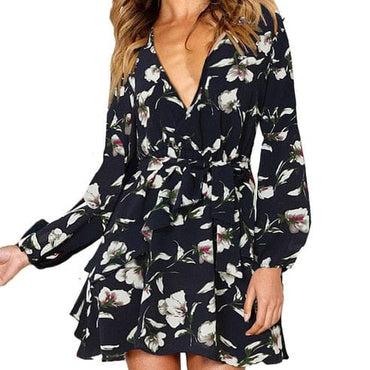 Ladies Sexy Deep V Neck Floral Printed Mini Party Dress - east2cart.uk