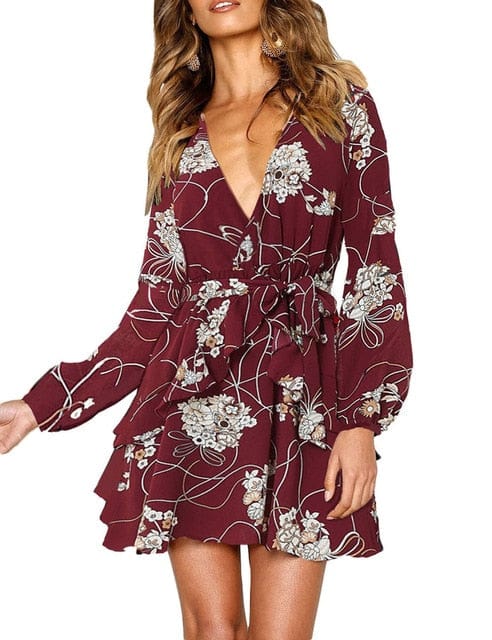 Ladies Sexy Deep V Neck Floral Printed Mini Party Dress - east2cart.uk