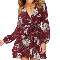 Ladies Sexy Deep V Neck Floral Printed Mini Party Dress - east2cart.uk