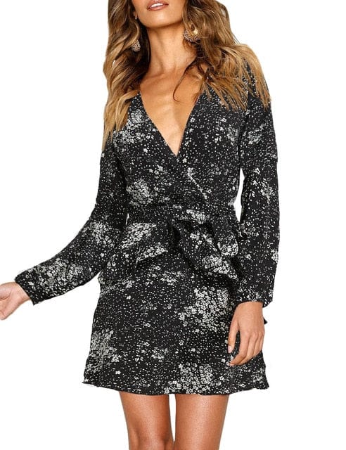 Ladies Sexy Deep V Neck Floral Printed Mini Party Dress - east2cart.uk