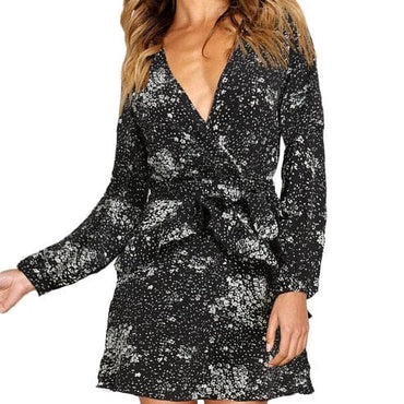 Ladies Sexy Deep V Neck Floral Printed Mini Party Dress - east2cart.uk