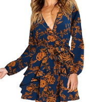 Ladies Sexy Deep V Neck Floral Printed Mini Party Dress - east2cart.uk