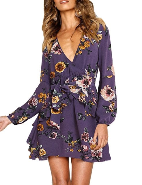 Ladies Sexy Deep V Neck Floral Printed Mini Party Dress - east2cart.uk