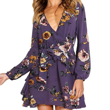 Ladies Sexy Deep V Neck Floral Printed Mini Party Dress - east2cart.uk