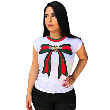 Summer T Shirt Women Bow Tie Print Casual T-Shirt  Short Sleeve Female Tshirts Tops O-Neck Blusas Feminina - east2cart.uk