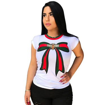Summer T Shirt Women Bow Tie Print Casual T-Shirt  Short Sleeve Female Tshirts Tops O-Neck Blusas Feminina - east2cart.uk